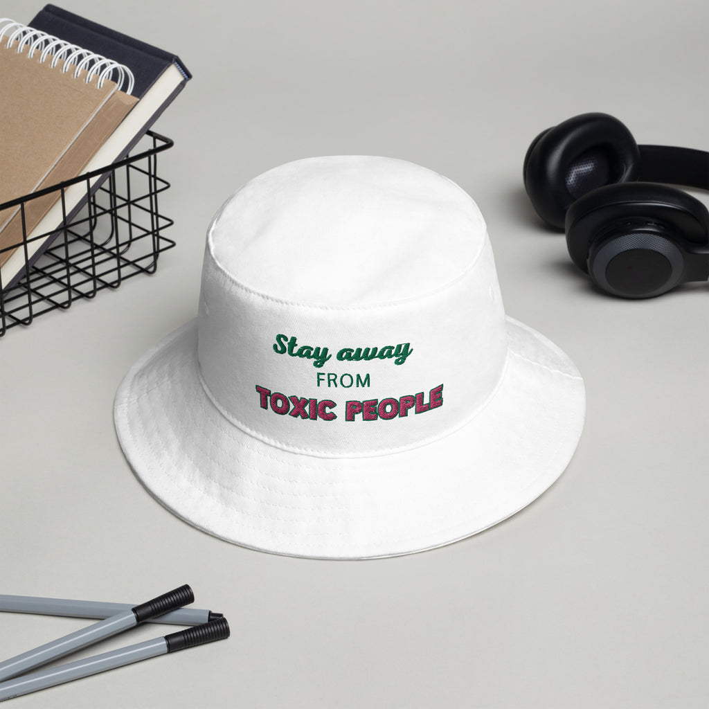 White Bucket Hat with Green and Pink Writing - Stay Away From Toxic People