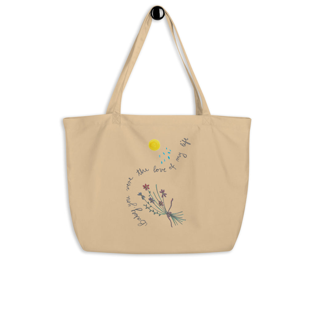 Harry Styles Large Organic Tote Bag with Handwritten Love of my life Song Lyrics and Drawing of Flowers