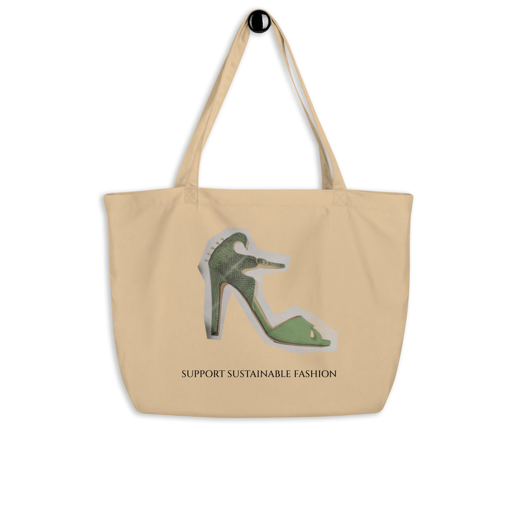  Large Organic Tote Bag with Crocodile Skin Women High Heal Shoe and Writing Support sustainable fashion