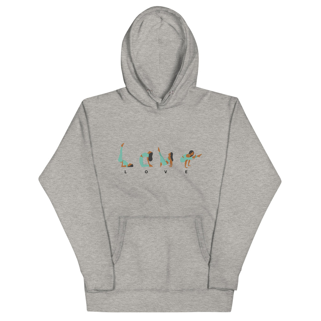 Yogalife Hoodie Carbon grey with writing Love and Drawing of Yoga body Positions Imitating Letters and Creating Word Love
