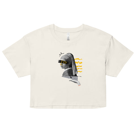 Women’s Crop Top Ecru with Graphic Girl With a Pearl Earring