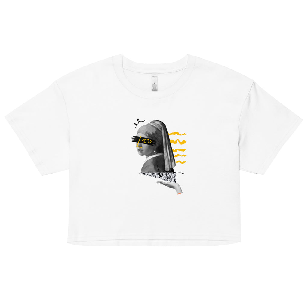 Women’s Crop Top White with Graphic Girl With a Pearl Earring